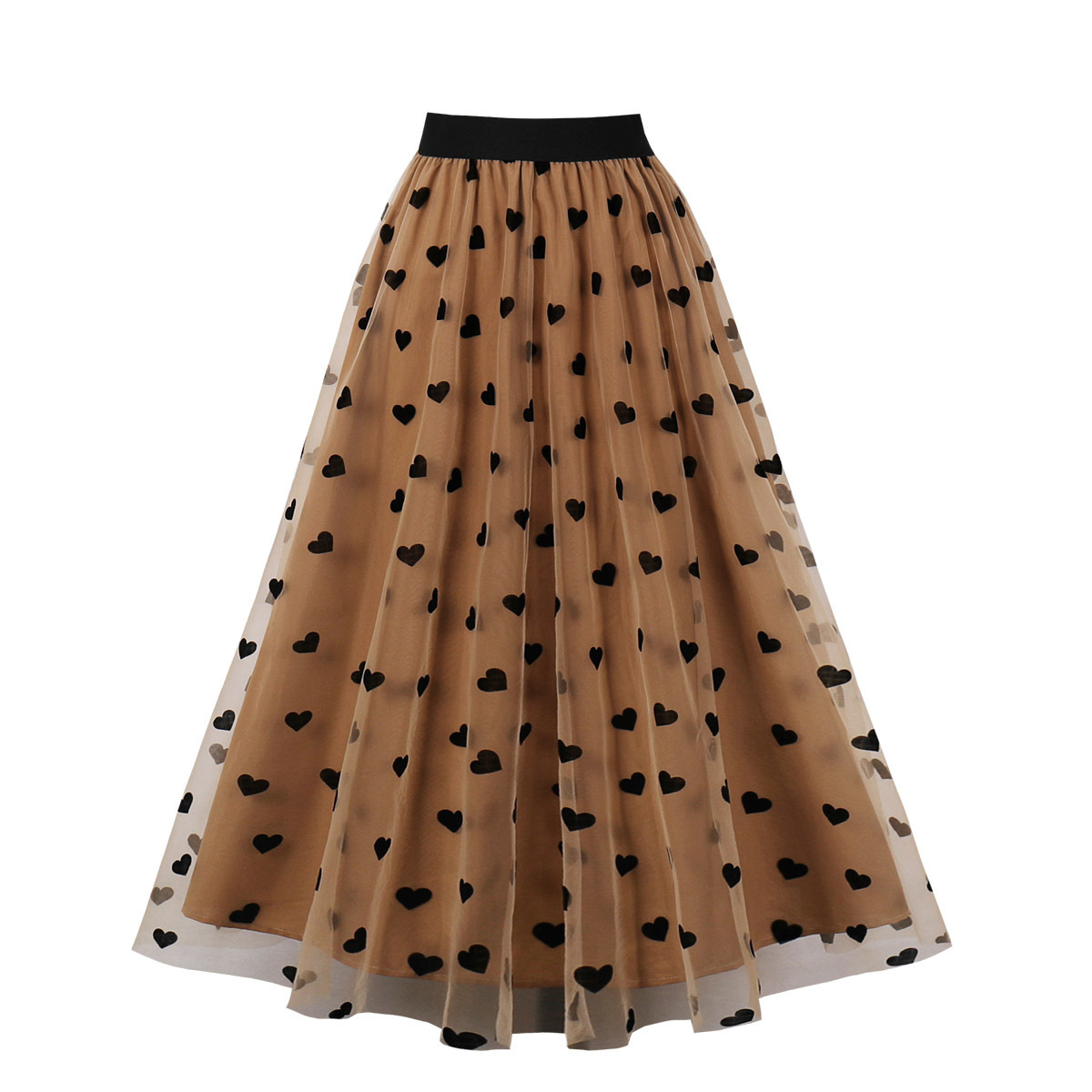 Autumn Casual Women Heart Print Mesh Tulle Skirt High Elastic Waist Blue Brown Vintage 50s 60s Swing A Line Skirts