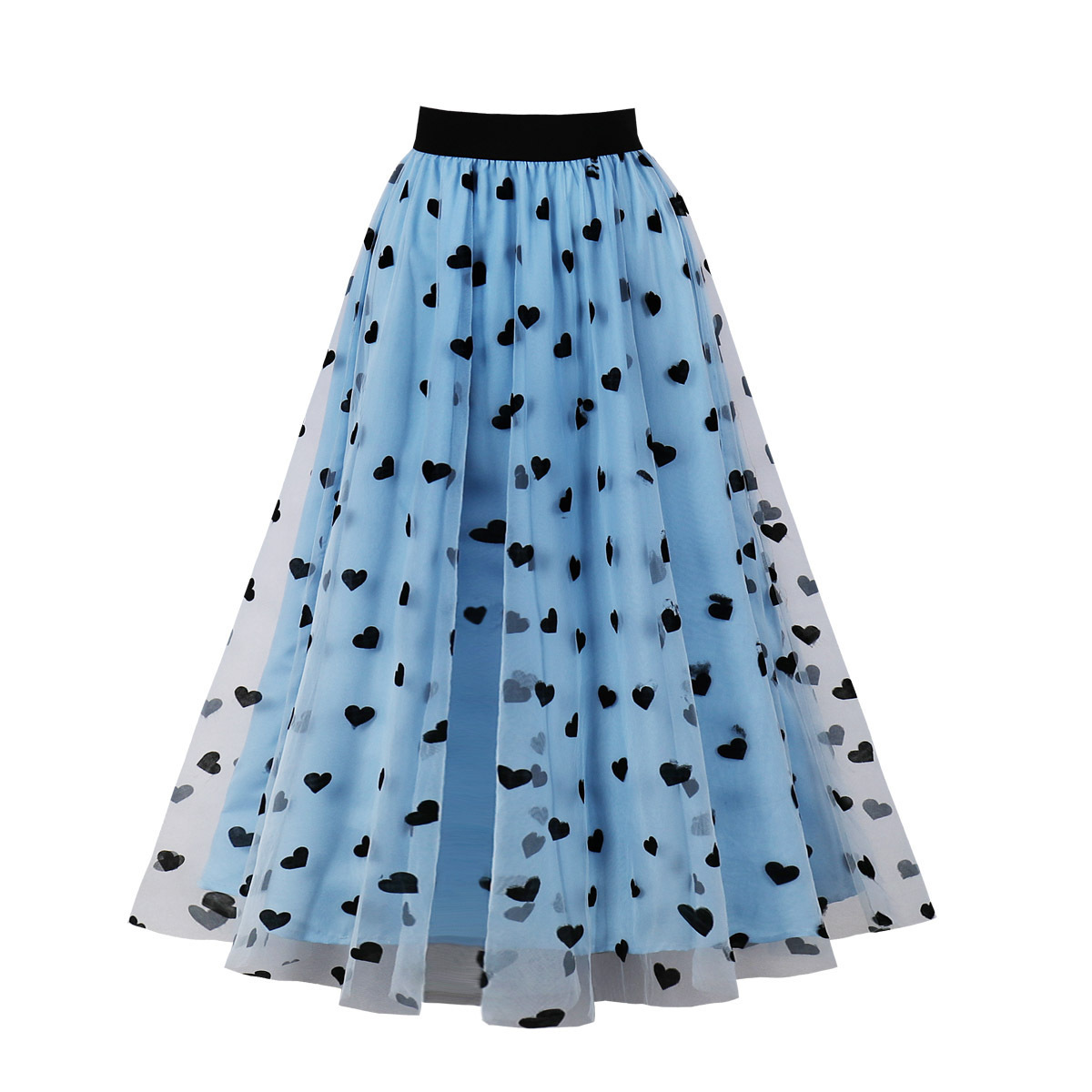 Autumn Casual Women Heart Print Mesh Tulle Skirt High Elastic Waist Blue Brown Vintage 50s 60s Swing A Line Skirts