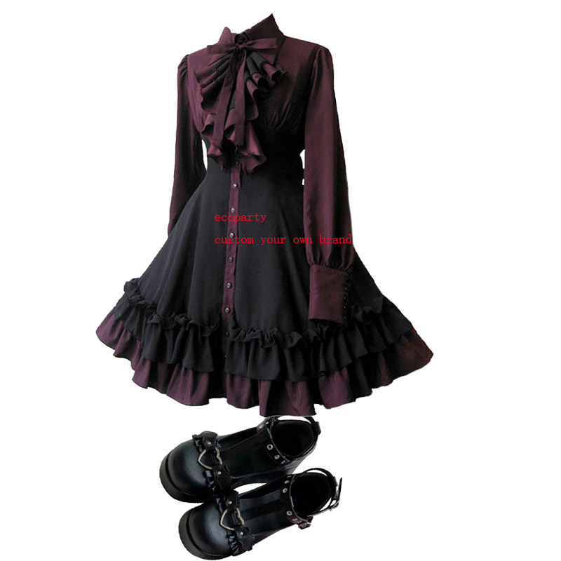 ecoparty  Women Girls Black Gothic Dress Long Sleeves Polyester Ruffle Dress with Bows black steampunk costumes