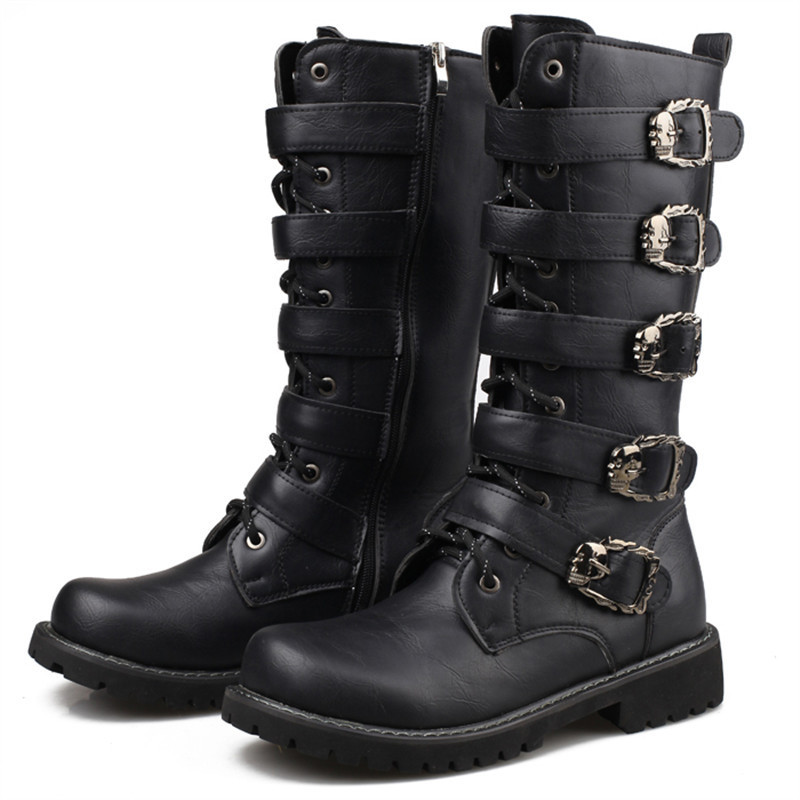 Men's Motorcycle High Boots Metal Buckle Outdoor Ankle Shoes Men Fashion Punk Style Chunky Boot