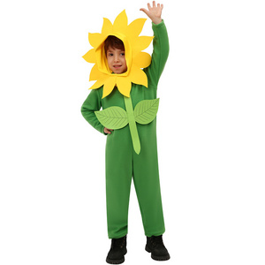 Kids Sunflower Cosplay Costume With Jumpsuit and Head Cover for Halloween And School Stage Performance Dress Up