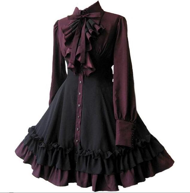 ecoparty  Women Girls Black Gothic Dress Long Sleeves Polyester Ruffle Dress with Bows black steampunk costumes