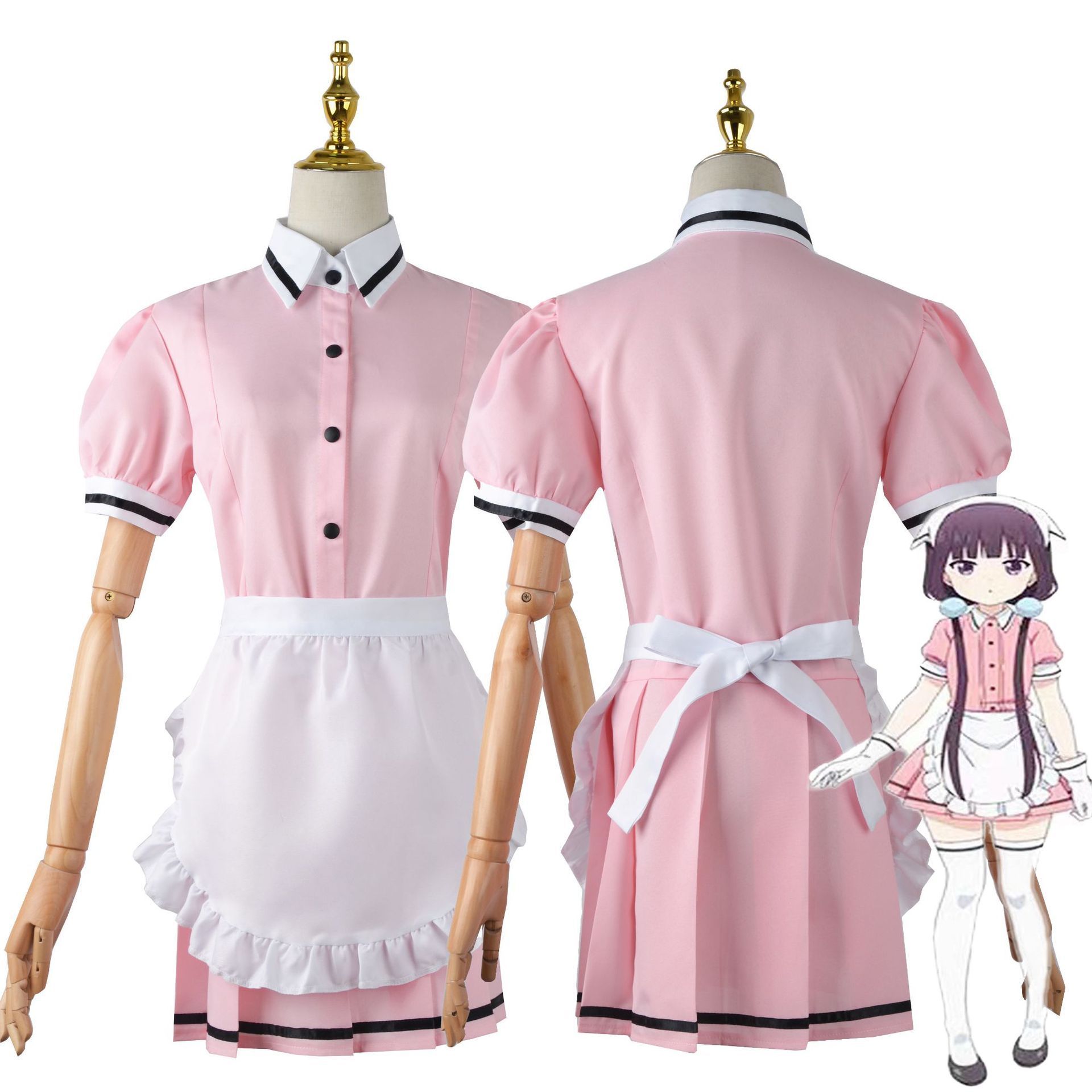 2022 New Coffee shop Servant Costume Pink Blue Lolita Sexy Dress with Apron Bow Headband Waitress Cosplay Costume for Girls