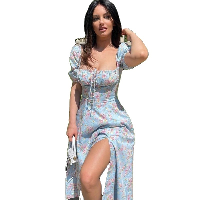 Summer Dress Women Short Puff Sleeve Printed Ruched Party High Split Long Maxi Dresses Drawstring Sexy Vestidos Sundress