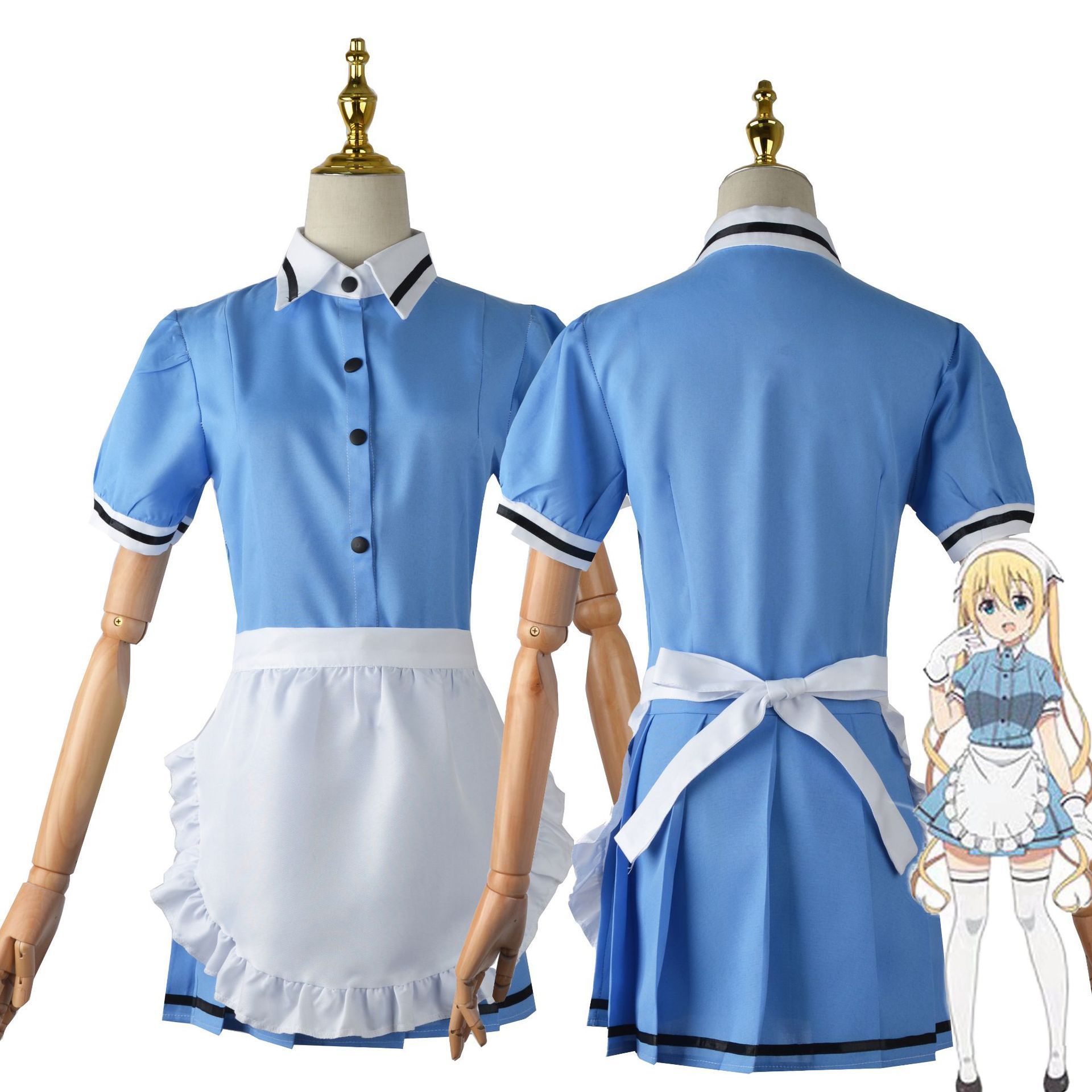 2022 New Coffee shop Servant Costume Pink Blue Lolita Sexy Dress with Apron Bow Headband Waitress Cosplay Costume for Girls