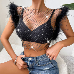 Women Hollow Out Bling Crystal Diamond Beading Camisole Night Party Club Fishnet Rhinestone Tank Top Shirt Mesh Crop Top