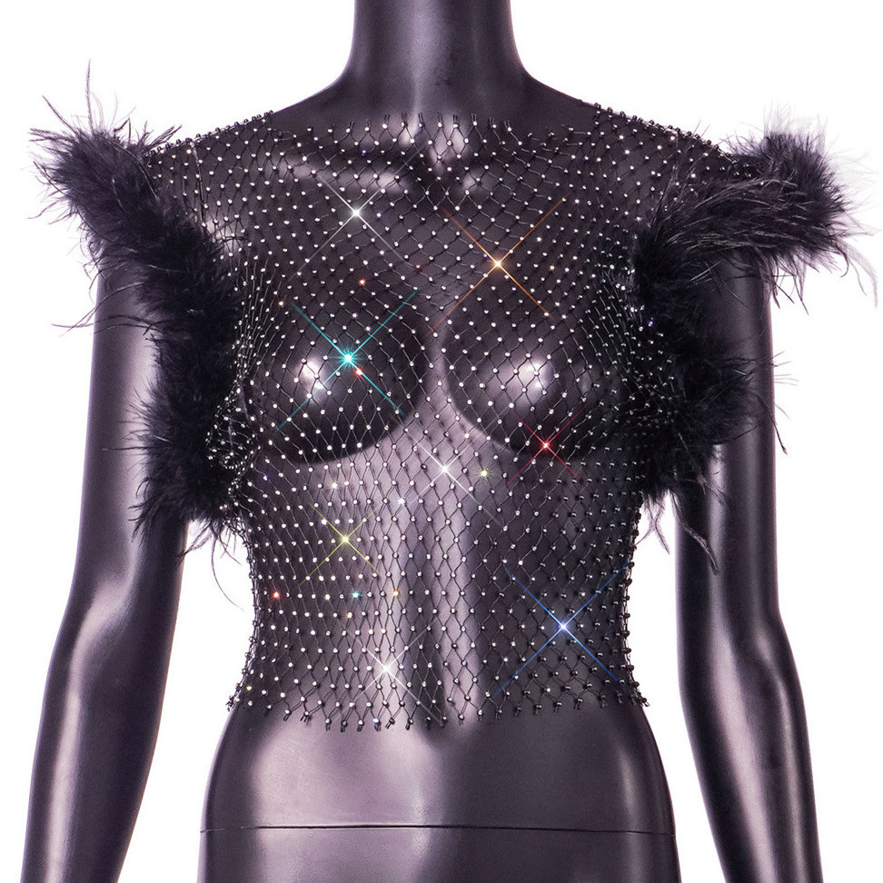 Women Hollow Out Bling Crystal Diamond Beading Camisole Night Party Club Fishnet Rhinestone Tank Top Shirt Mesh Crop Top