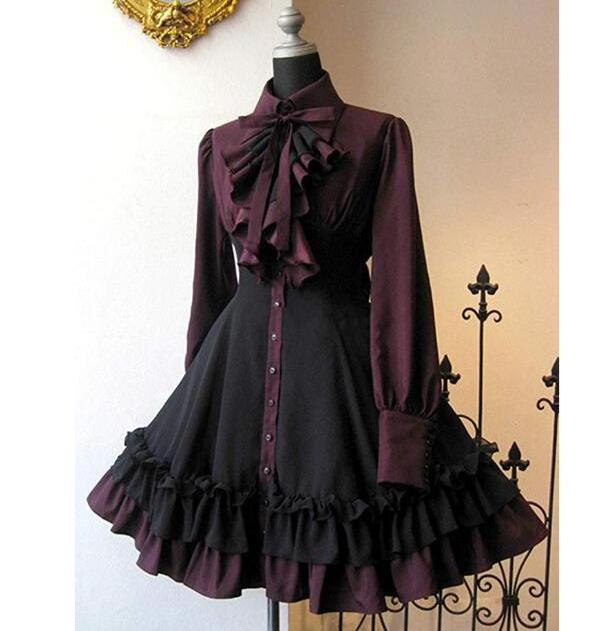 ecoparty  Women Girls Black Gothic Dress Long Sleeves Polyester Ruffle Dress with Bows black steampunk costumes