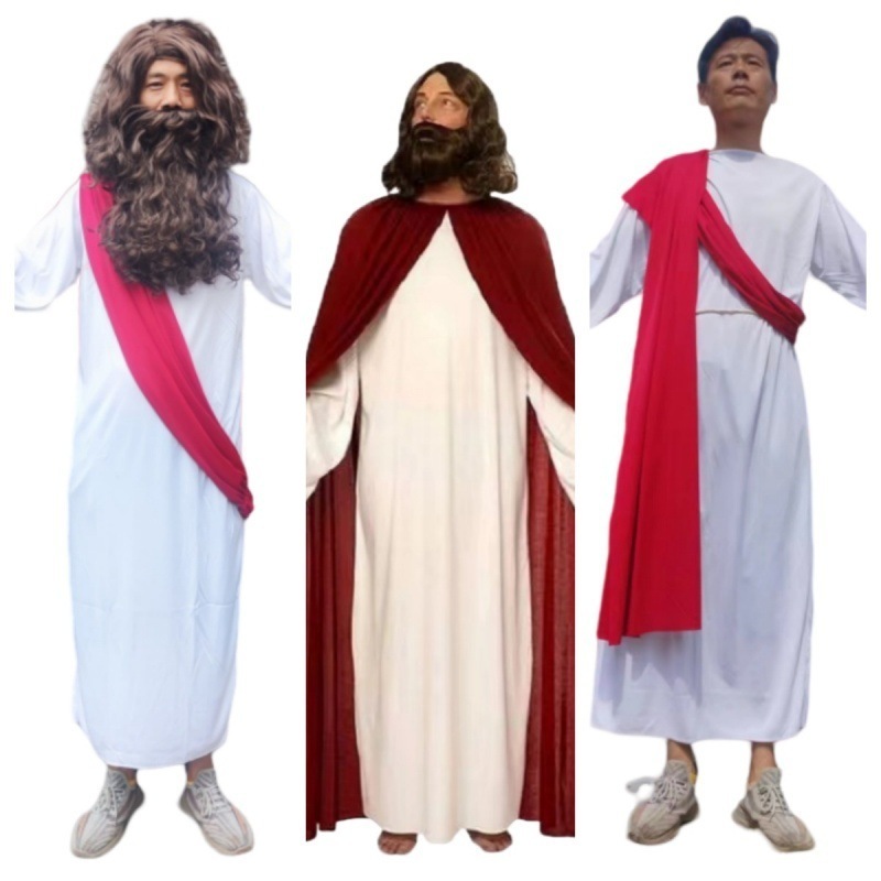 Adults Halloween Clothes Men Jesus Cosplay Costume White Jumpsuit with Red Cloak