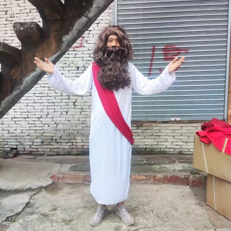 Adults Halloween Clothes Men Jesus Cosplay Costume White Jumpsuit with Red Cloak