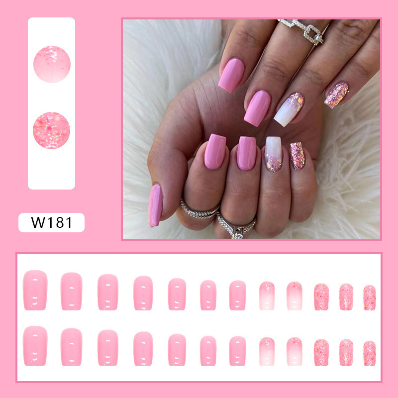 New style OEM Wholesale Press on nails medium length pink and shiny fragments artificial Fingernails