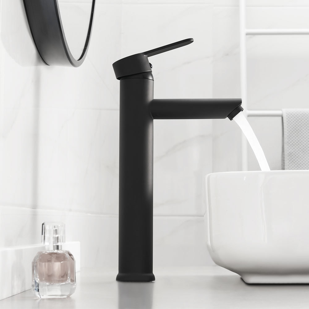 Washroom luxury matte black long neck water tap nozzle brass shower basin faucet