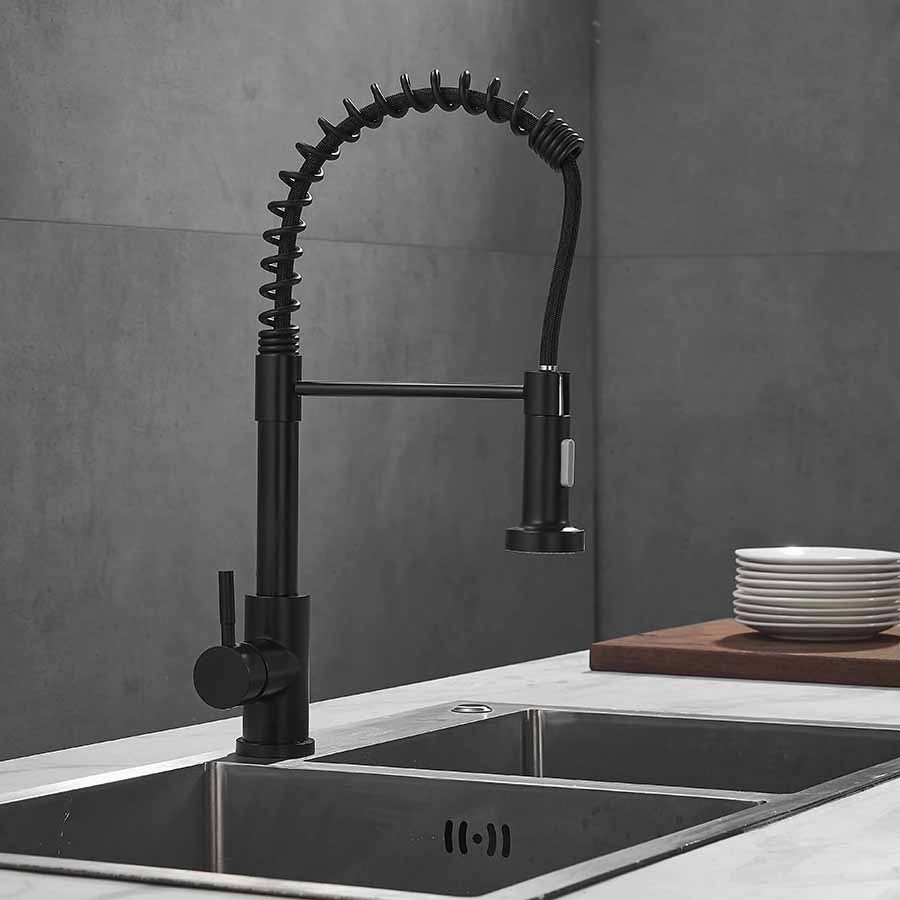 Luxury Commercial Water Flow Adjustable Single Hole Stainless Steel Bathroom Faucets Black Pull Out Kitchen Sink Faucets