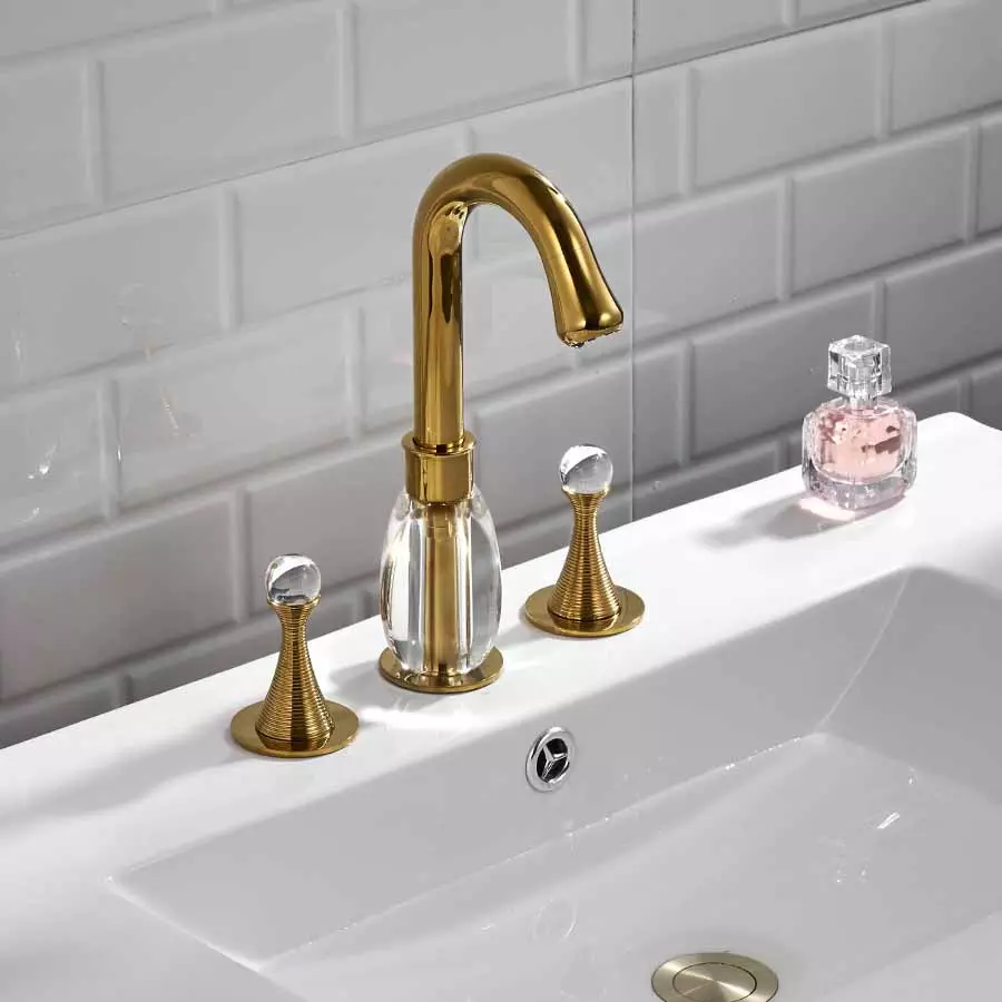 Luxury Double Crystal Handle Golden Basin Faucet Ceramic Spool Basin Faucet 3 Holes Basin Faucet