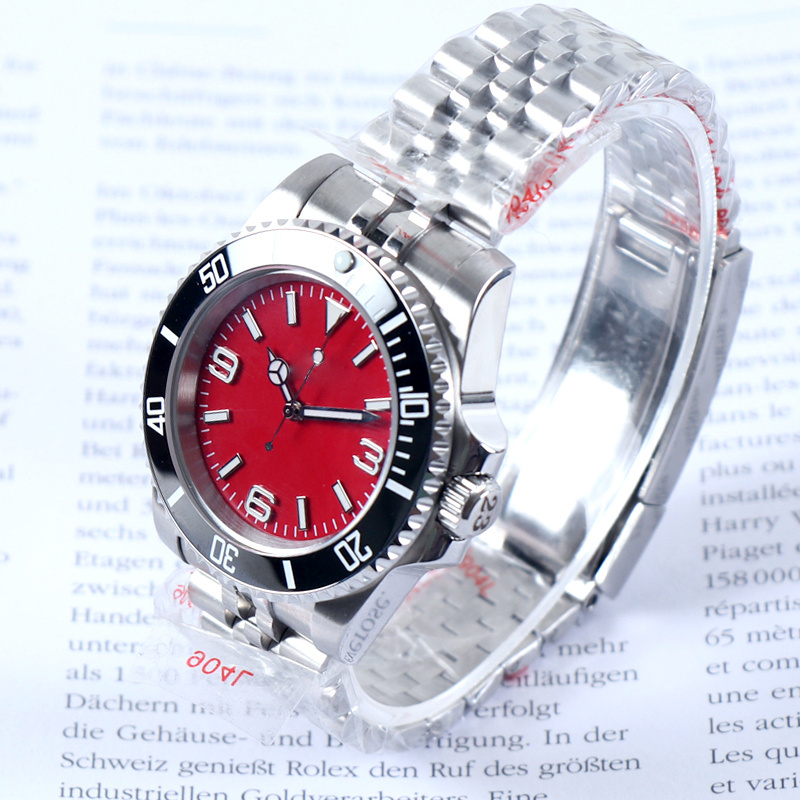 Custom Logo Name NH35 Watch 40mm NH35 Movement Automatic Mens Watch 5Bar Sapphire Crystal Waterproof Mechanical Watch Black Red