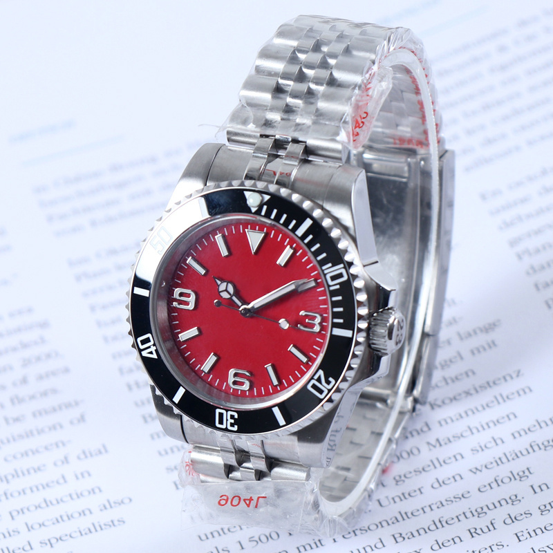 Custom Logo Name NH35 Watch 40mm NH35 Movement Automatic Mens Watch 5Bar Sapphire Crystal Waterproof Mechanical Watch Black Red