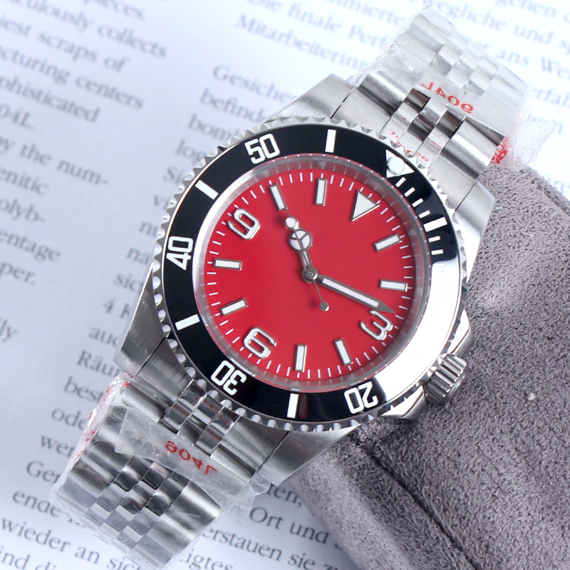 Custom Logo Name NH35 Watch 40mm NH35 Movement Automatic Mens Watch 5Bar Sapphire Crystal Waterproof Mechanical Watch Black Red