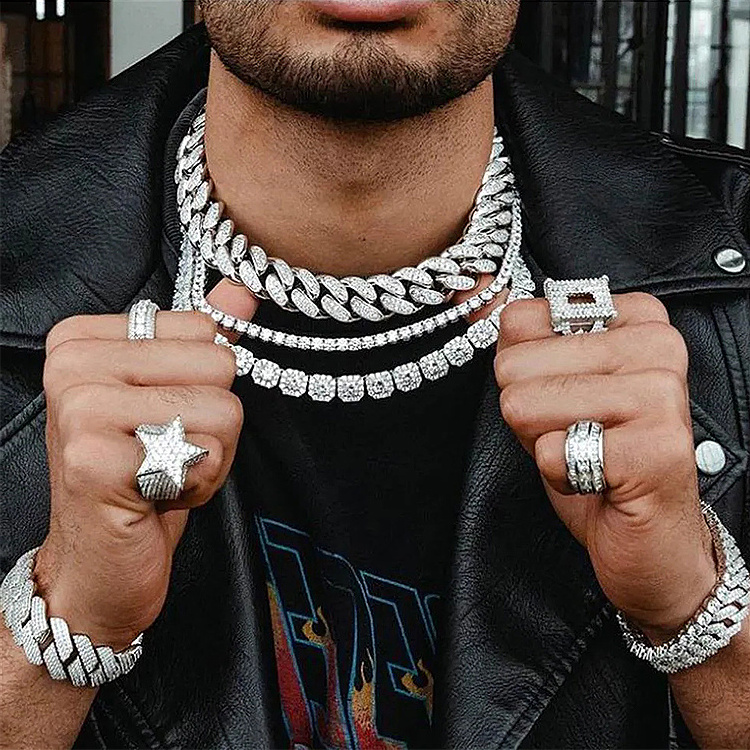 High Quality Cuban Hip Hop Jewelry 8-20mm 925 Sterling Silver VVS Miami Moissanite Diamond Iced Out Cuban Link Chain Necklace