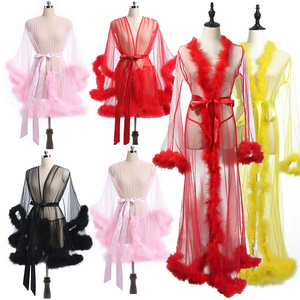 2023 Newest Design Women Sexy Bathrobe Fur Mesh Robe Solid Color Transparent Mesh Sexy Lace Long Robes Pajamas Women With Sashes