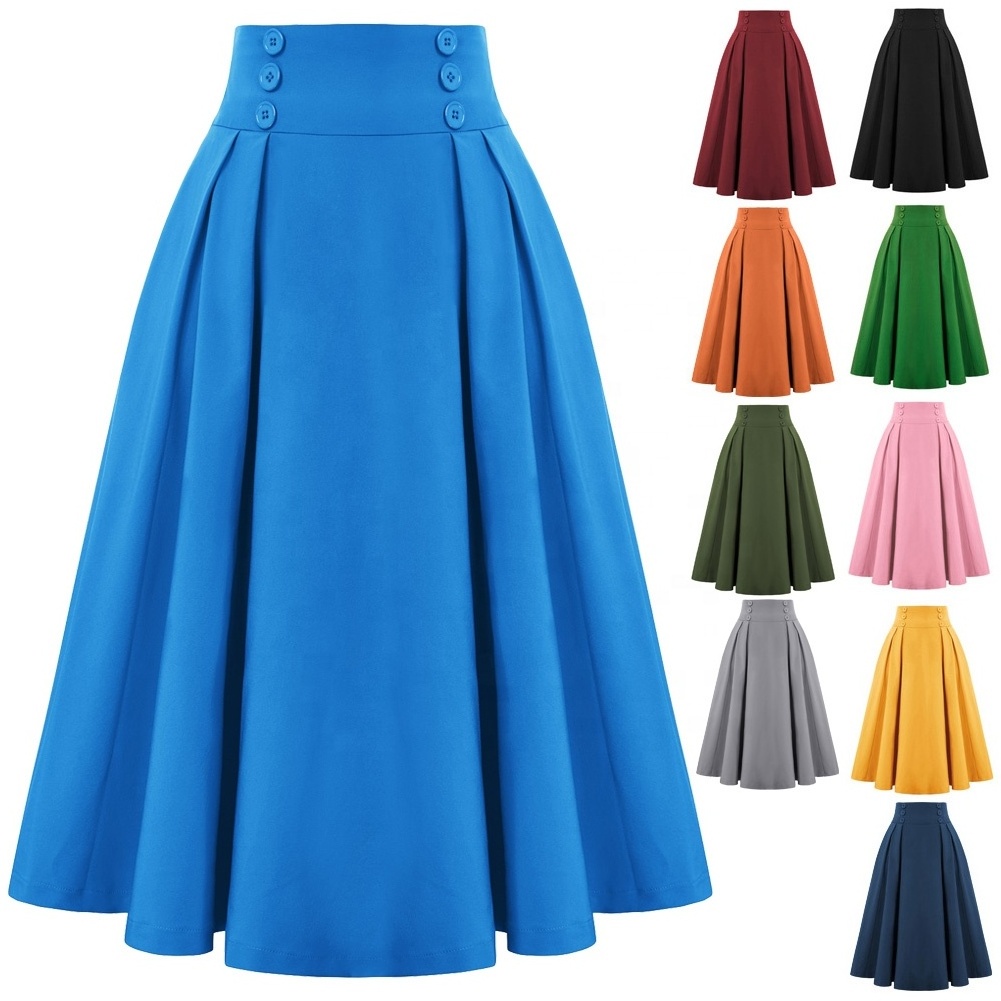 Wholesale 2023 Summer Ladies Swing Buttons Decorated Elastic Skirts High Waist Elegant Retro Pleated Skirt