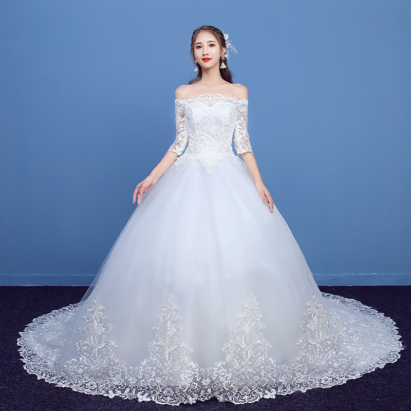 Wholesale 2022 Korea Style Wedding Bridesmaid Dresses Luxury Lace Half Sleeve Off Shoulder Bridal Wedding Dress Gown