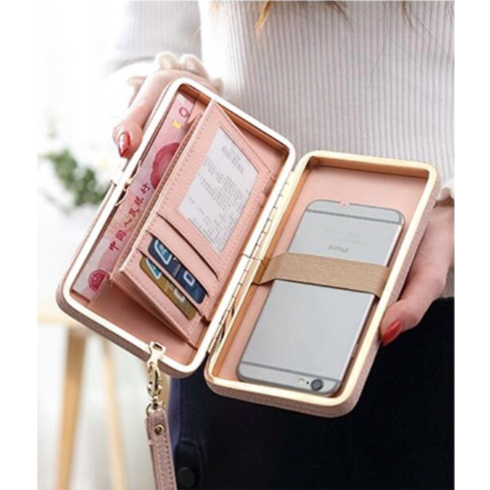 guangzhou Pink  PU leather women metal frame wallet clutch with mobile holder