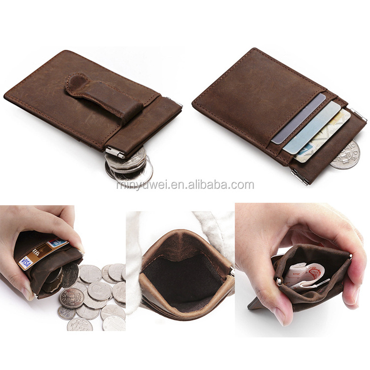 crazy horse leather Card Holder Coin Pocket Wallet Magnet Money Clip coin pouch