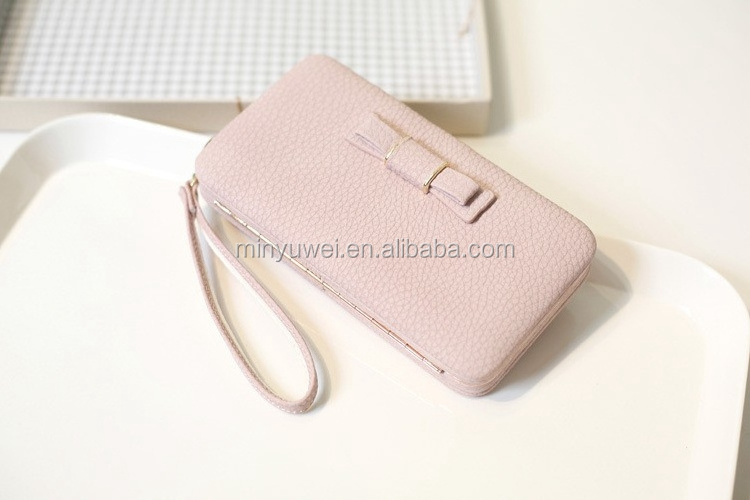 guangzhou Pink  PU leather women metal frame wallet clutch with mobile holder