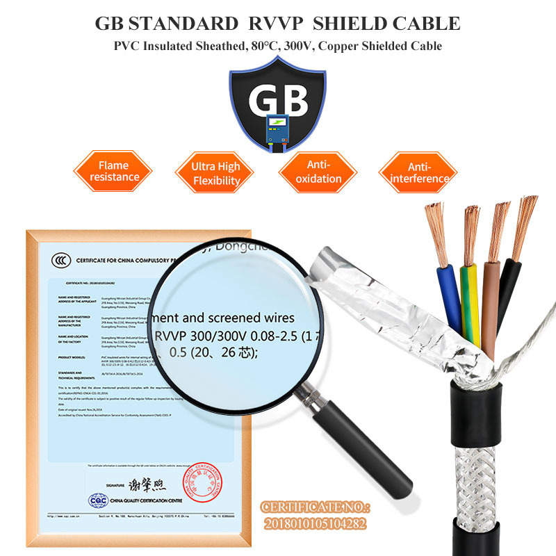 RVVP 0.5mm 0.75mm 1.5mm 2.5mm 4mm 6mm 2/3/4/5/6 core 24AWG 26AWG Copper Electric Wire Signal Control Shield Cable with Shield