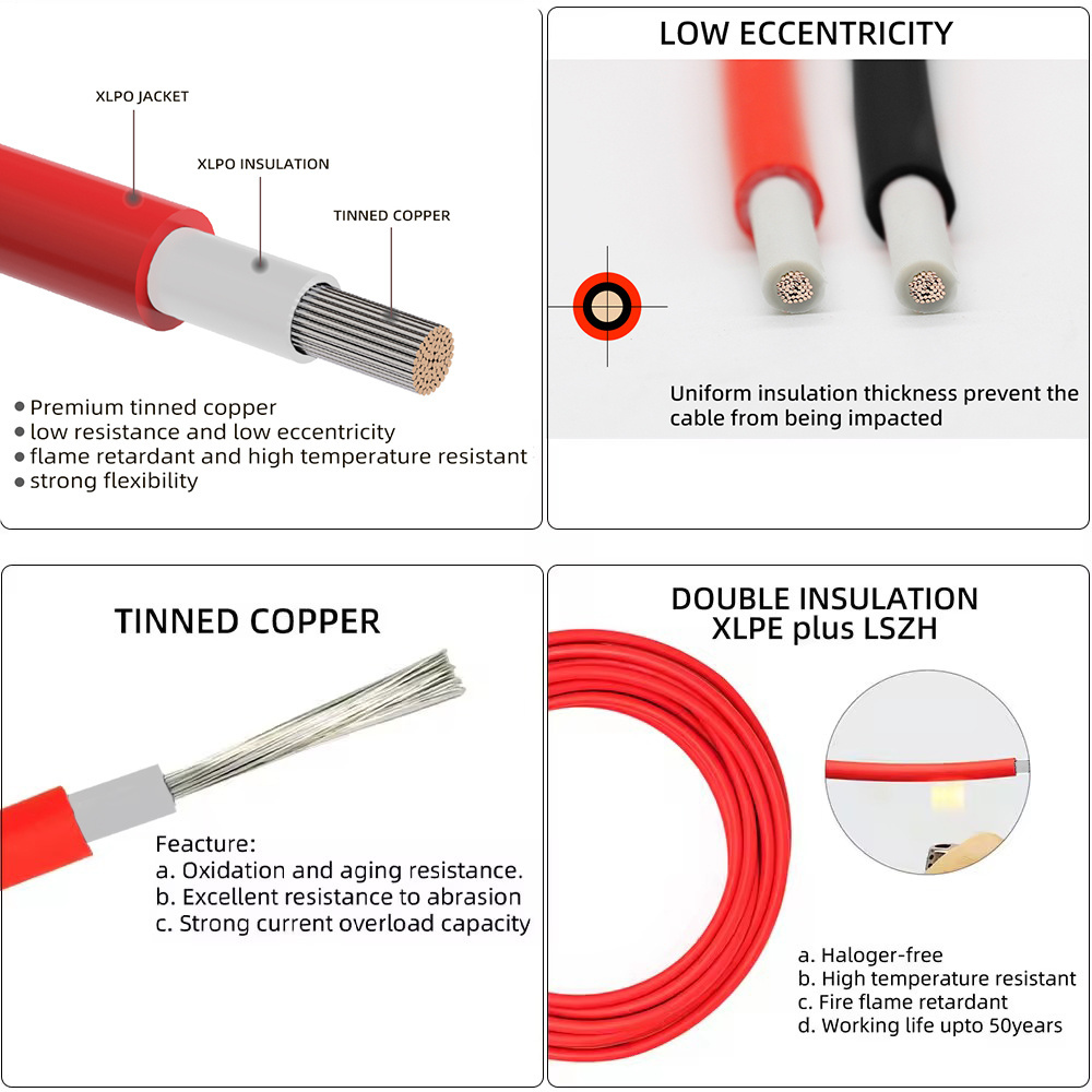 H1Z2Z2-K PV1-F UL4703 TUV 1.5/1.0kv Tinned Copper 2.5mm 4mm 6mm 10mm 16mm DC XLPE PV Wire Cable Solar Wire Cable For Solar Panel