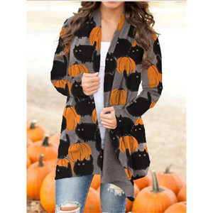 Wholesale Women's Halloween Cardigan Printed Knitting Long Sleeve Front Cardigan Sweater Knitting Coat Pumpkin Cat Christmas