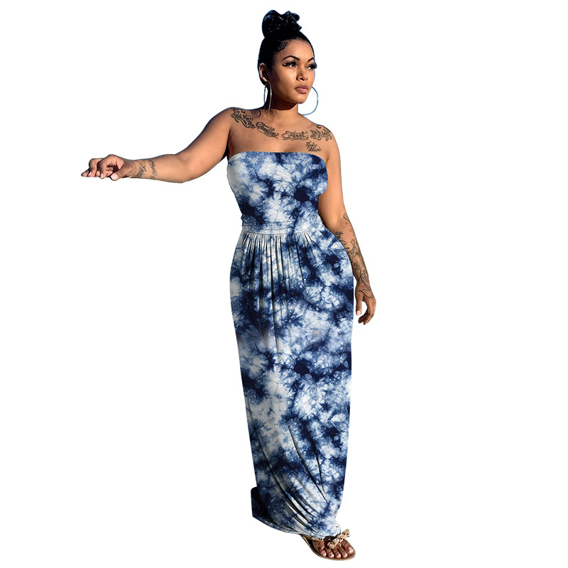 2121 Hot Sale Summer New Style Printed Tie-Dye Wrapped Chest Dress Collarless Sleeveless Women's Long Skirt Casual Beach Dress