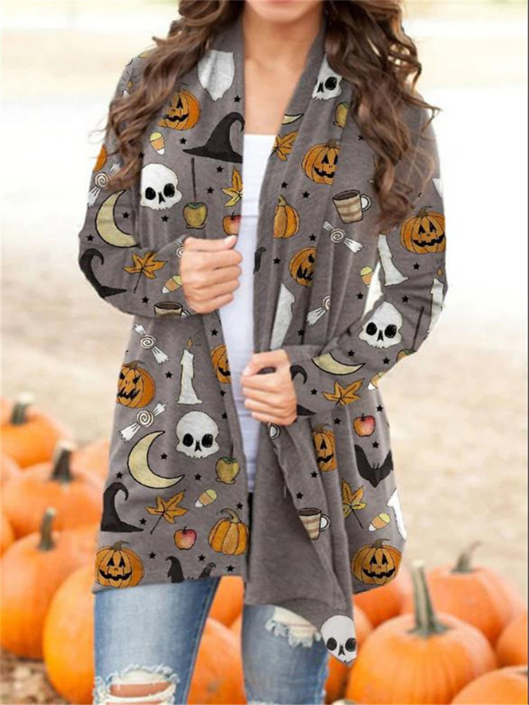 Wholesale Women's Halloween Cardigan Printed Knitting Long Sleeve Front Cardigan Sweater Knitting Coat Pumpkin Cat Christmas