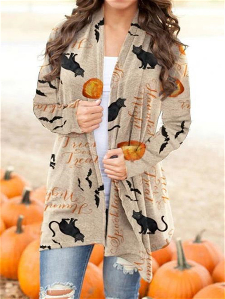 Wholesale Women's Halloween Cardigan Printed Knitting Long Sleeve Front Cardigan Sweater Knitting Coat Pumpkin Cat Christmas