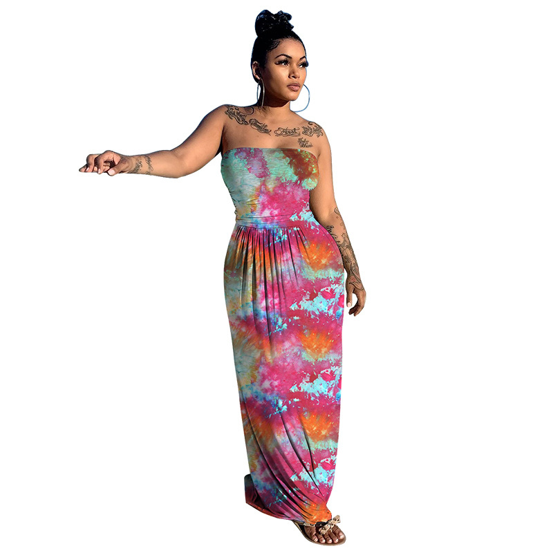 2121 Hot Sale Summer New Style Printed Tie-Dye Wrapped Chest Dress Collarless Sleeveless Women's Long Skirt Casual Beach Dress