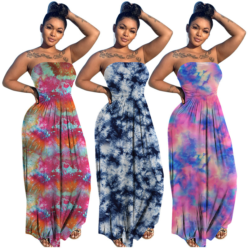 2121 Hot Sale Summer New Style Printed Tie-Dye Wrapped Chest Dress Collarless Sleeveless Women's Long Skirt Casual Beach Dress