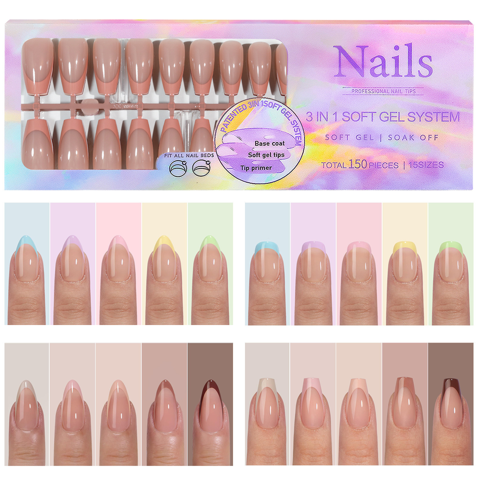 Private Label 150pcs Soft Gel Press On Fake Nails Short Almond Square False Nails Handmade French Gel Press On Nails