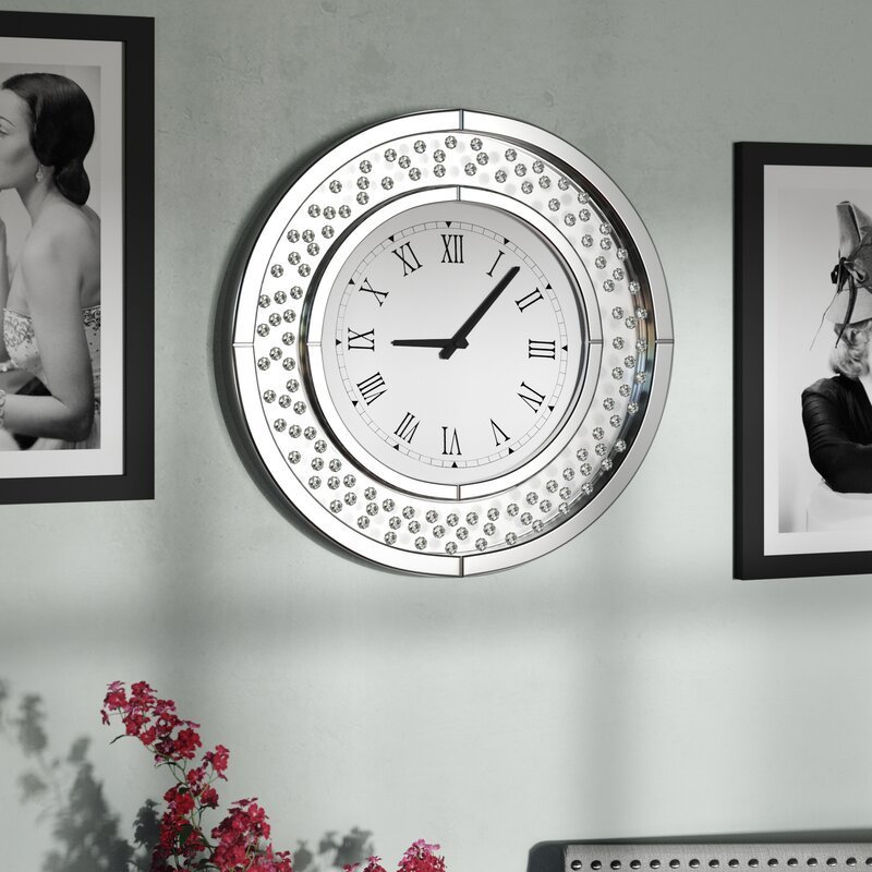 Home Decor Crushed Diamond Digital Accent Round Mirrored Wall Clocks For Living Room Bedroom