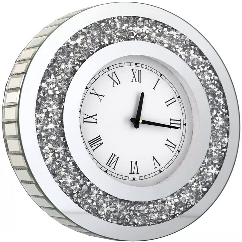 Home Decor Crushed Diamond Digital Accent Round Mirrored Wall Clocks For Living Room Bedroom