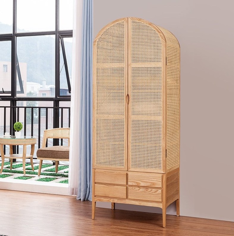 Nordic Style Bedroom Furniture Solid Wood Wardrobes 2 Door Rattan Cane Tall Cabinet Flat Door Closet