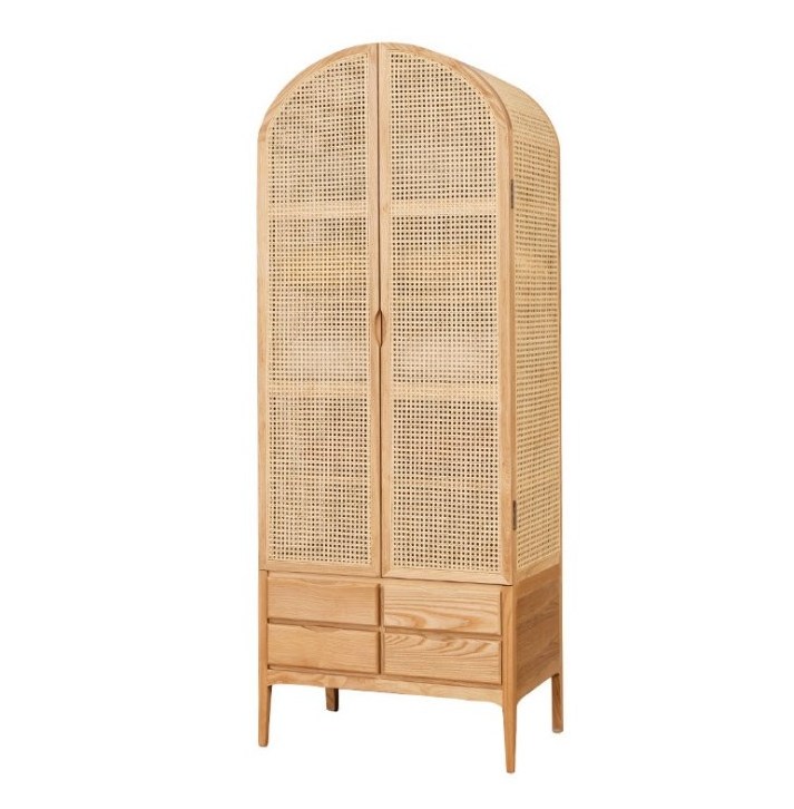 Nordic Style Bedroom Furniture Solid Wood Wardrobes 2 Door Rattan Cane Tall Cabinet Flat Door Closet