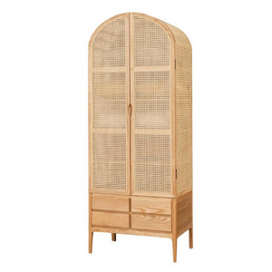 Nordic Style Bedroom Furniture Solid Wood Wardrobes 2 Door Rattan Cane Tall Cabinet Flat Door Closet