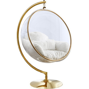 Golden Frame Transparent Hanging Chairs Swing Floor Stand Acrylic Bubble Chair For Living Room Bedroom