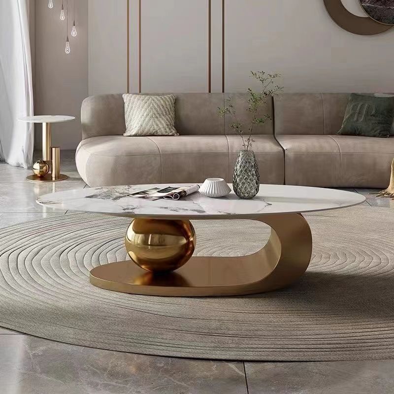 2023 High Quality Luxury Gold Stainless Steel Coffee Table Set Oval Marble Center Table End Table For Home Hotel