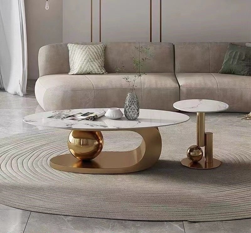 2023 High Quality Luxury Gold Stainless Steel Coffee Table Set Oval Marble Center Table End Table For Home Hotel