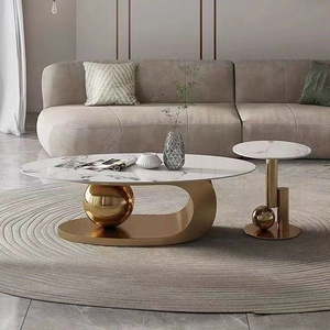 2023 High Quality Luxury Gold Stainless Steel Coffee Table Set Oval Marble Center Table End Table For Home Hotel