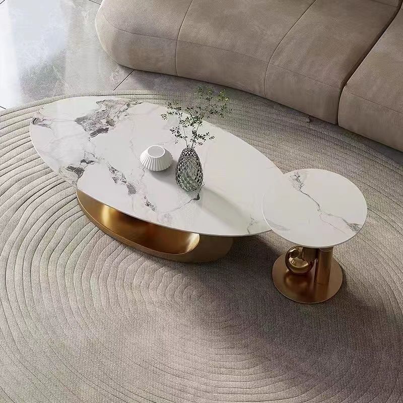 2023 High Quality Luxury Gold Stainless Steel Coffee Table Set Oval Marble Center Table End Table For Home Hotel