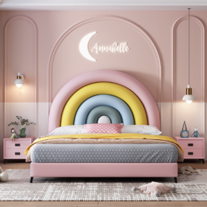 Kid's Furniture Customized Size Rainbow Headboard Design Upholstered Leather Bed For Bedroom