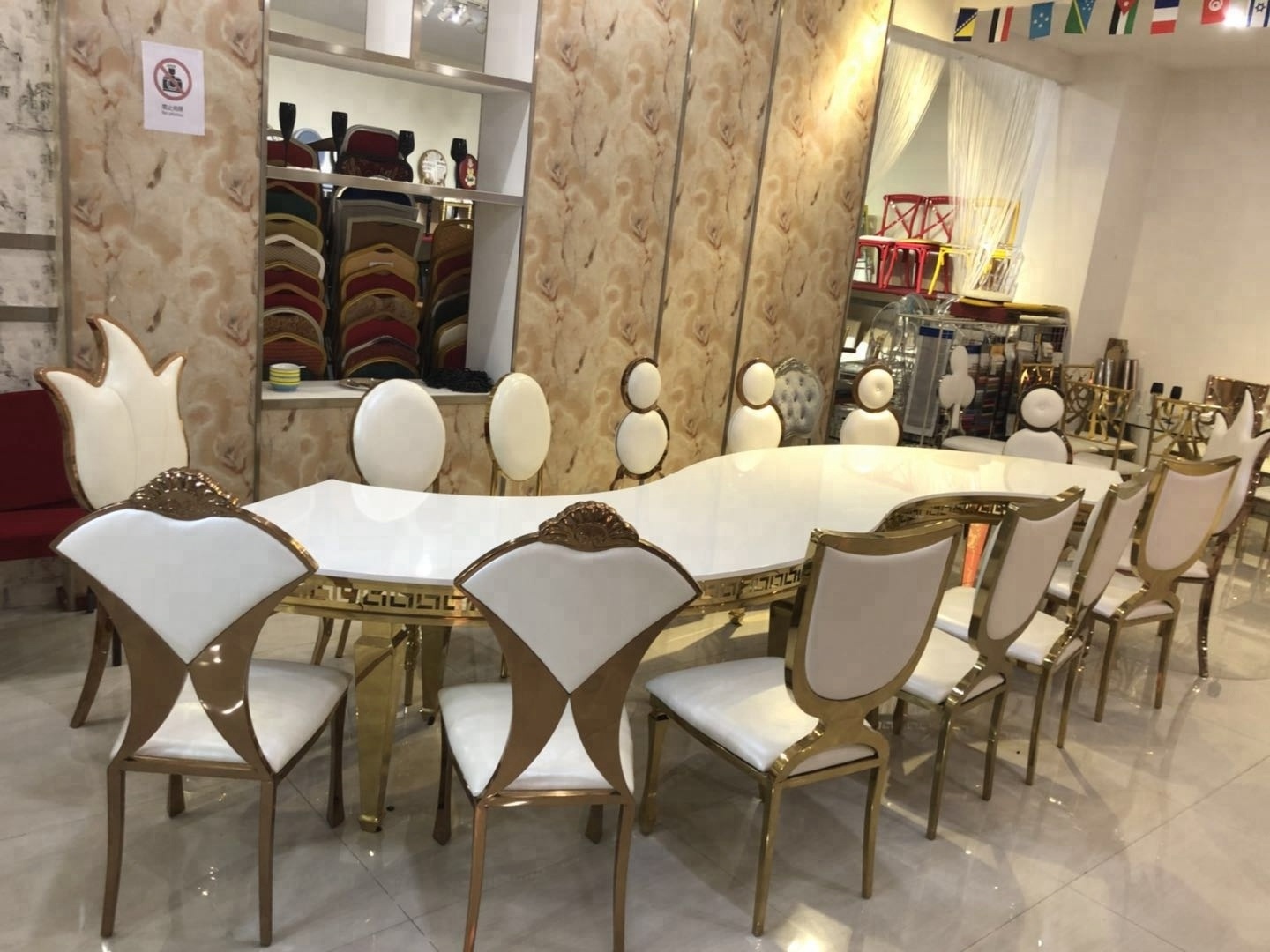 S Shape or Big Round Wedding Event Stainless Steel Frame Gold with White Dining Table