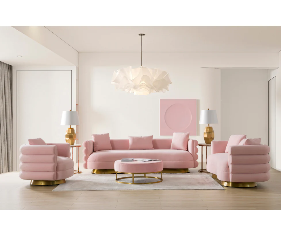 Wholesales Luxury Living Room Sofa Set Gold Stainless Steel Loveseat Pink Velvet Couch For Hotel Home